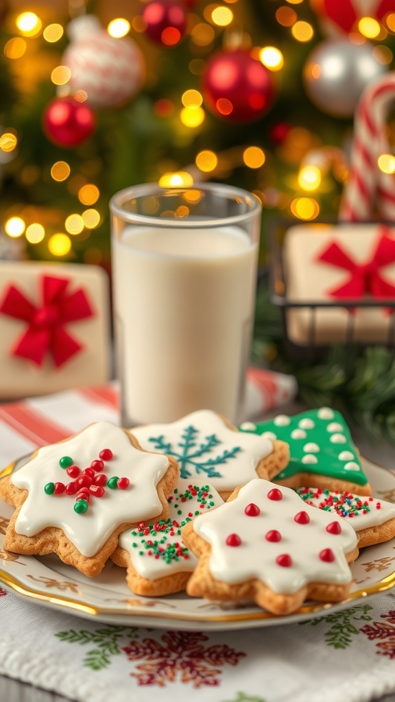 A plate of decorated Christmas cookies with a glass of milk, surrounded by holiday decorations.